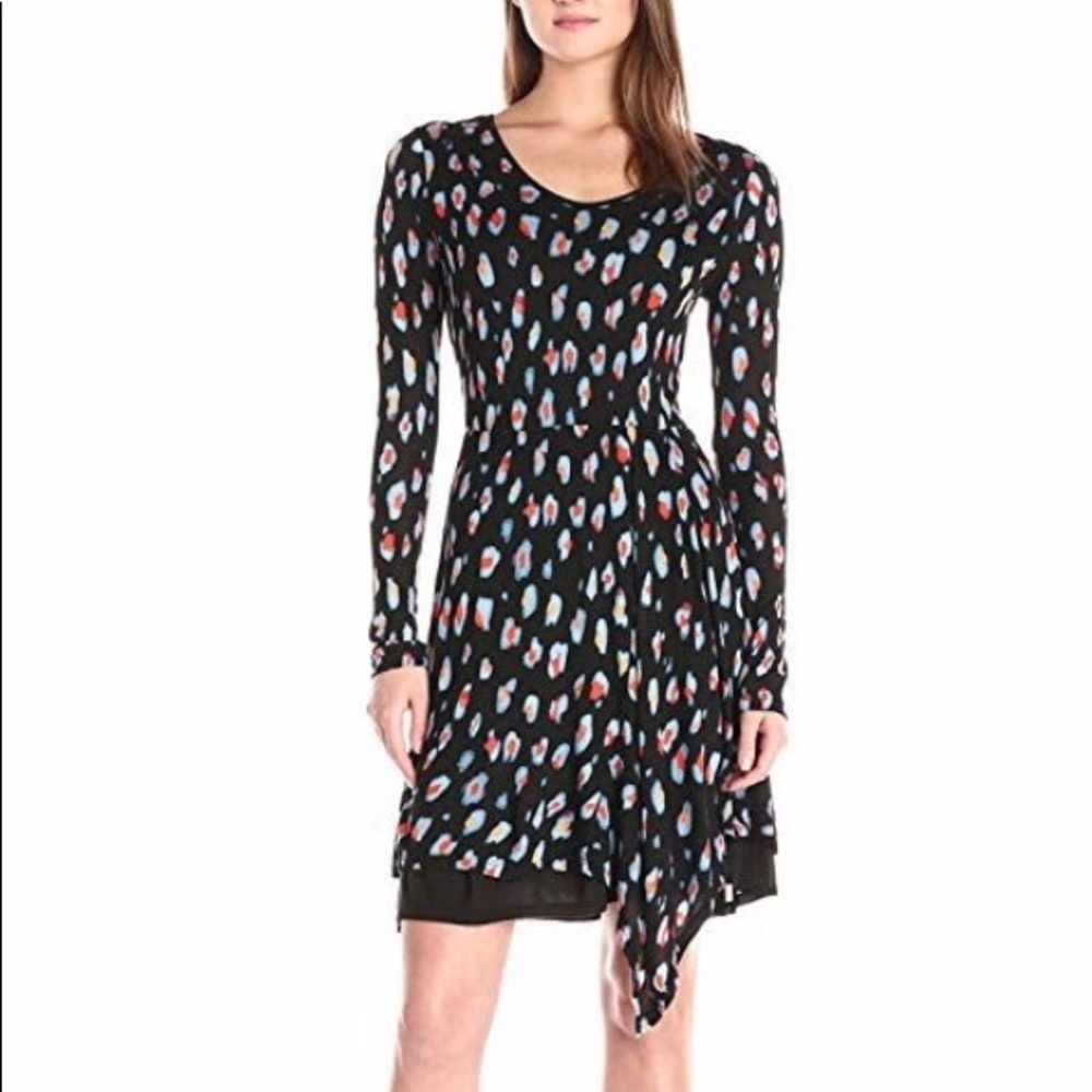 Kensie Watercolor Black Long Sleeve Dress Sz M